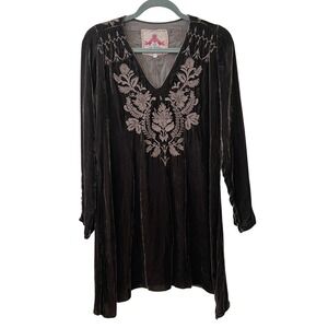 JW Los Angeles Johnny Was‎ Velvet Tunic Dress Embroidered V-Neck Silk Blend